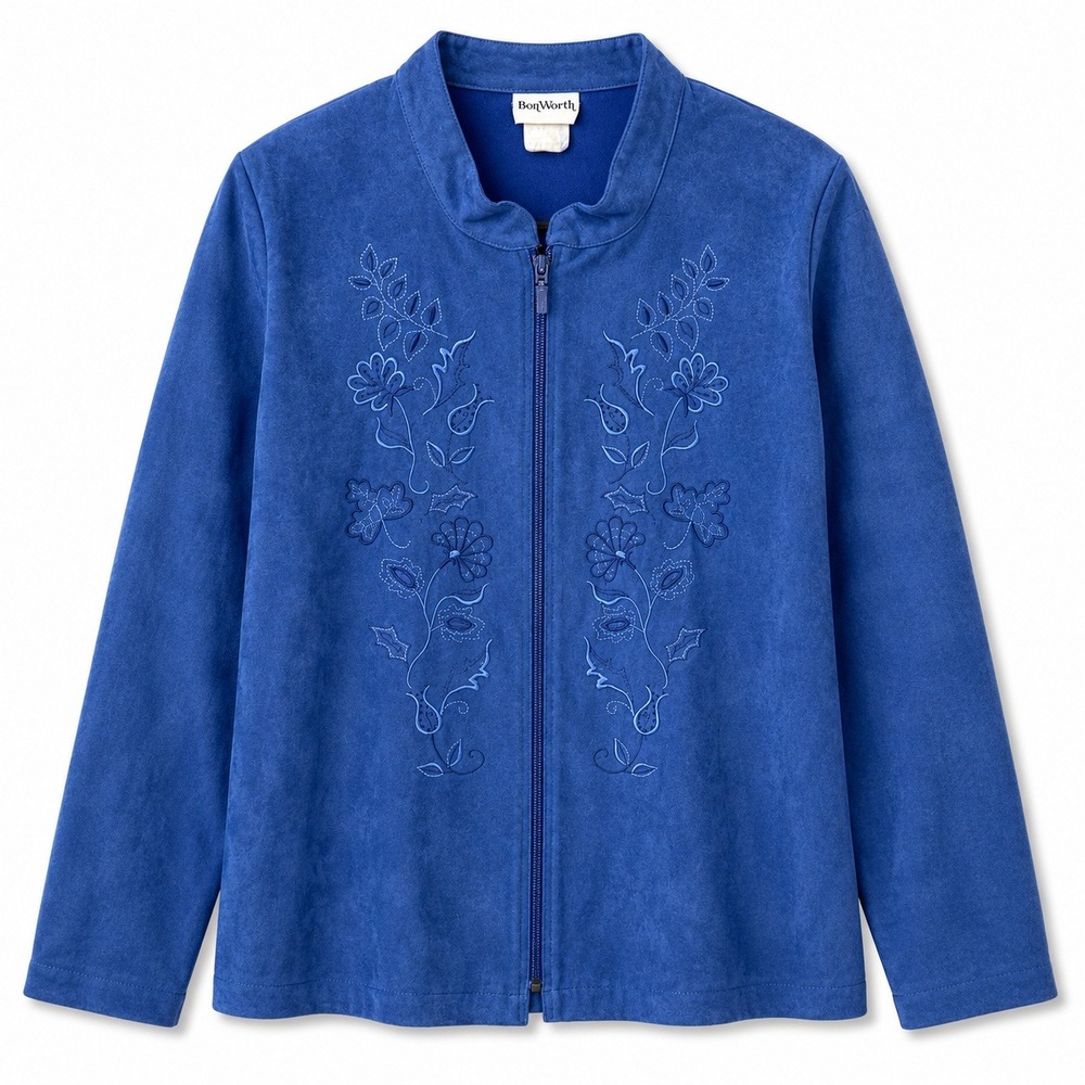 Boho BonWorth Blue Faux Suede Floral Embroidered Zip‎ Front Jacket XL Granny